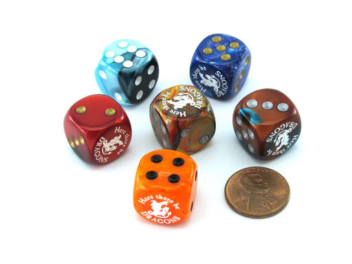 Pack of 6 Chessex Custom Engraved 16mm D6 Assorted Style Dice - Dragons