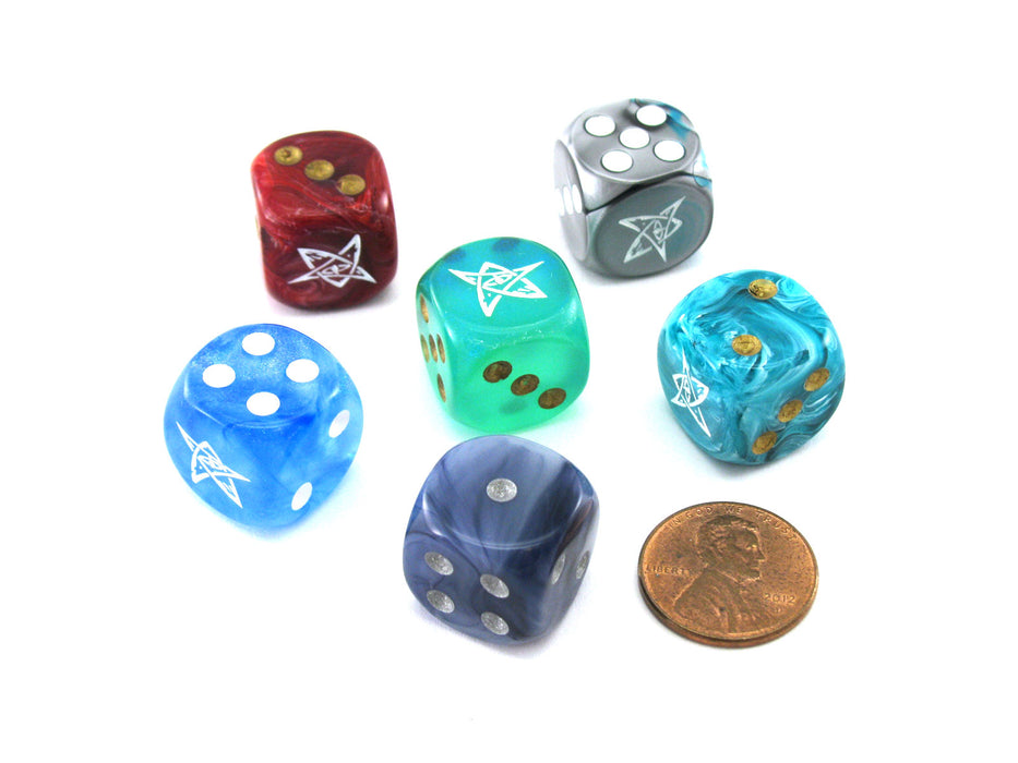Pack of 6 Chessex Custom Engraved 16mm D6 Assorted Style Dice - Elder Sign