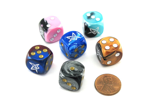 Pack of 6 Chessex Custom Engraved 16mm D6 Assorted Style Dice - Elder Sign