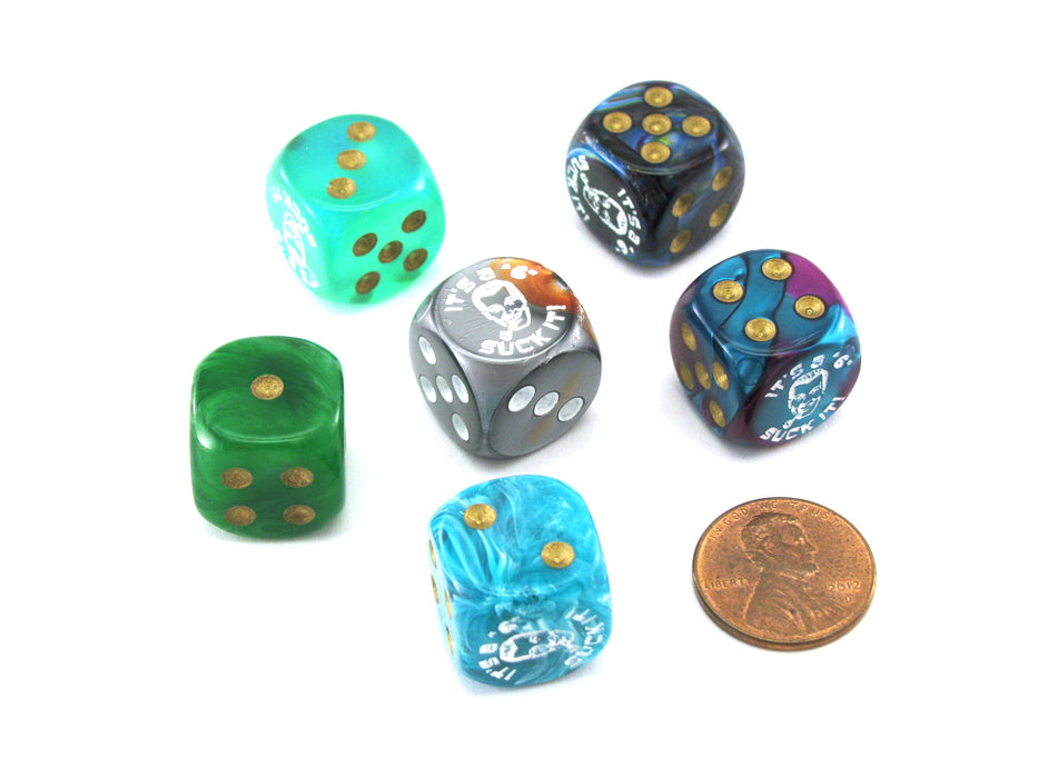 Pack of 6 Custom Engraved 16mm D6 Assorted Style Funny Meme Dice - It's a Six