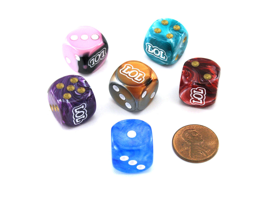 Pack of 6 Chessex Custom Engraved 16mm D6 Assorted Style Funny Meme Dice - LOL