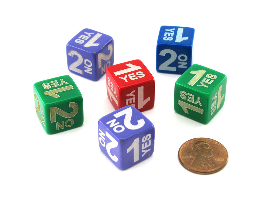 Pack of 6 Custom Engraved Yes and No Dice - 3 'Yes' and 3 'No' (Colors Vary)