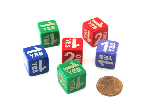 Pack of 6 Custom Engraved Yes and No Dice - 3 'Yes' and 3 'No' (Colors Vary)