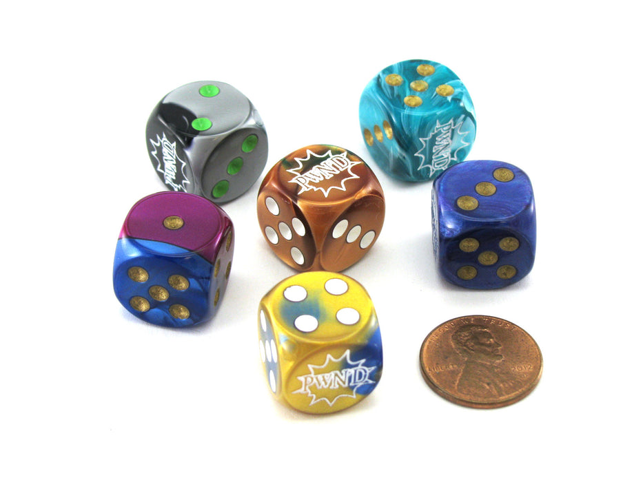 Pack of 6 Chessex Custom Engraved 16mm D6 Assorted Style Funny Meme Dice - PWND
