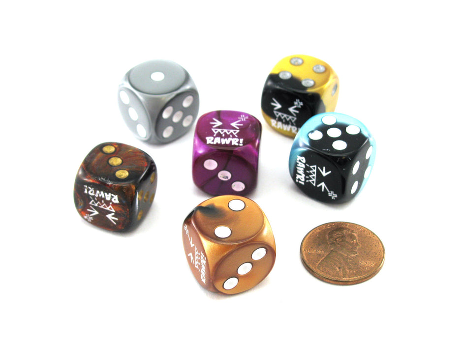 Pack of 6 Chessex Custom Engraved 16mm D6 Assorted Style Funny Meme Dice - RAWR!