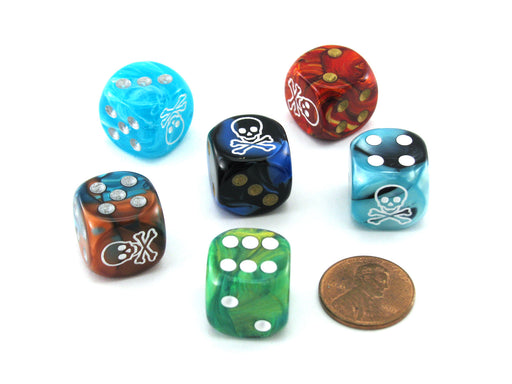 Pack of 6 Custom Engraved 16mm D6 Assorted Style Dice - Skull & Crossbones