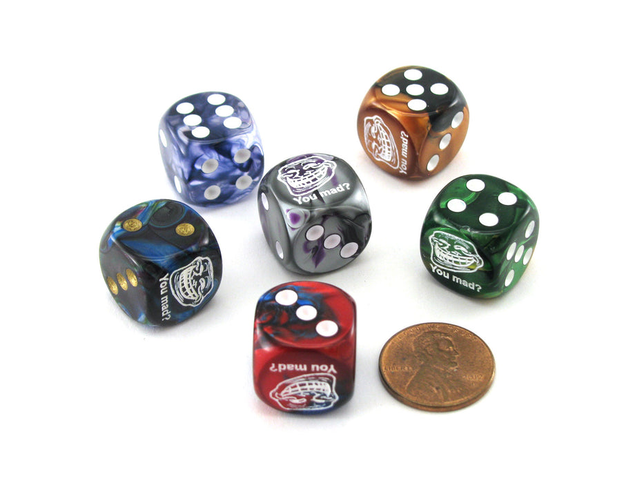 Pack of 6 Custom Engraved 16mm D6 Assorted Style Funny Meme Dice - You Mad?