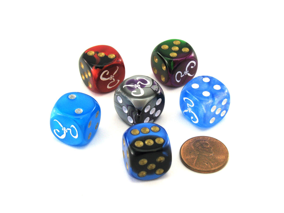 Pack of 6 Chessex Custom Engraved 16mm D6 Assorted Style Dice - Yellow Sign