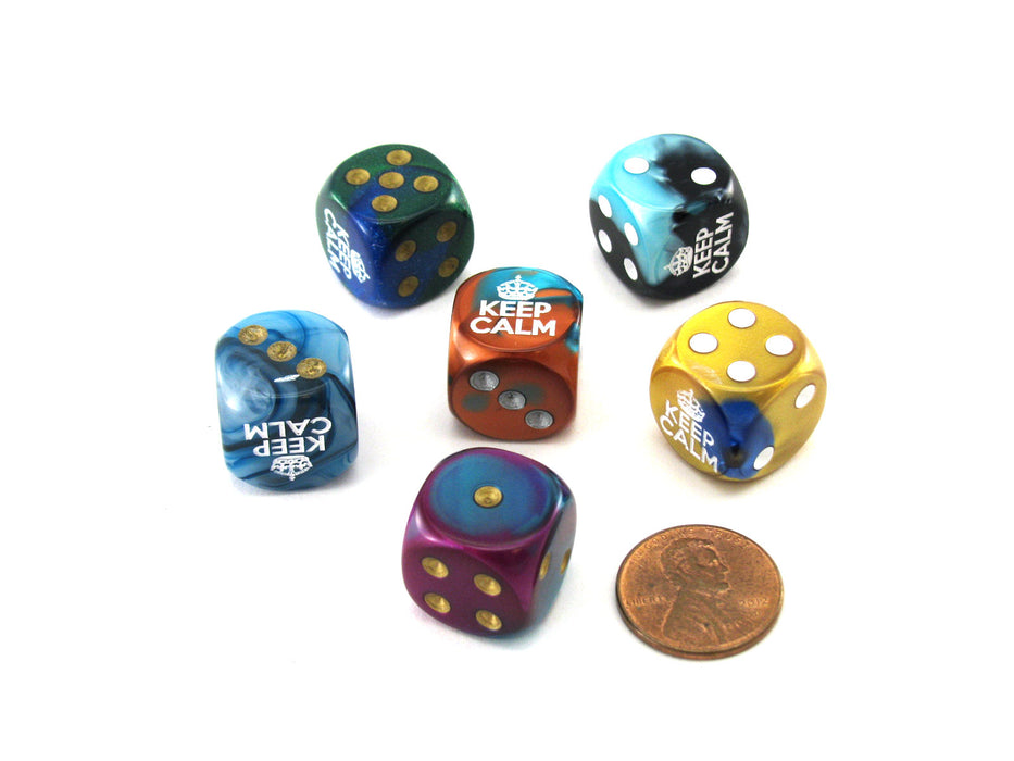 Pack of 6 Chessex Custom Engraved 16mm D6 Assorted Style Meme Dice - Keep Calm