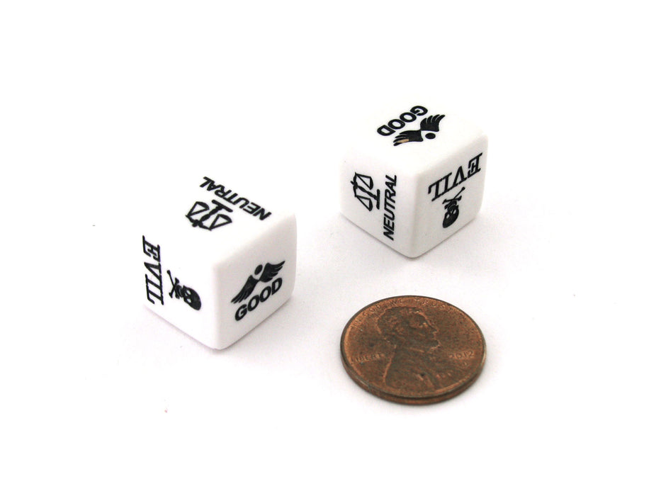 Pack of 2 Custom Engraved 16mm D6 RPG Alignment Dice - 3rd Edition Good and Evil