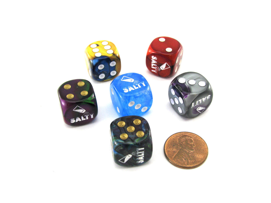 Pack of 6 Chessex Custom Engraved 16mm D6 Assorted Style Funny Meme Dice - Salty