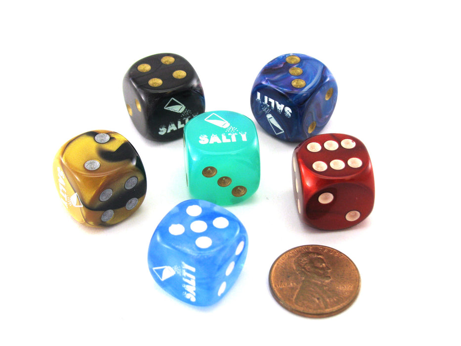 Pack of 6 Chessex Custom Engraved 16mm D6 Assorted Style Funny Meme Dice - Salty
