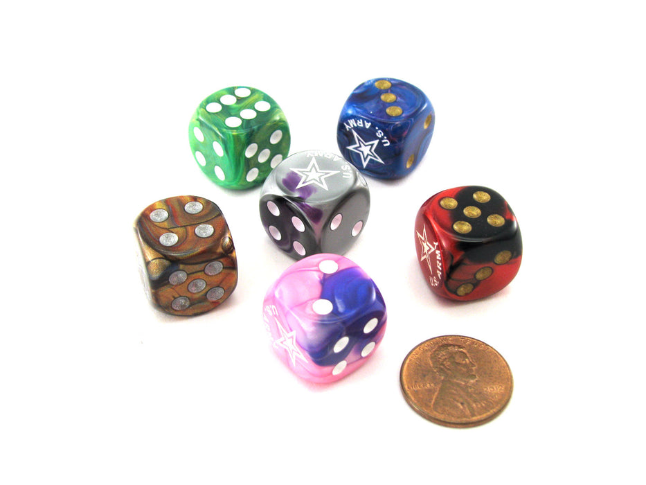 Pack of 6 Chessex Custom Engraved 16mm D6 Assorted Style Military Dice - Army