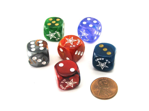 Pack of 6 Chessex Custom Engraved 16mm D6 Assorted Style Military Dice - Army