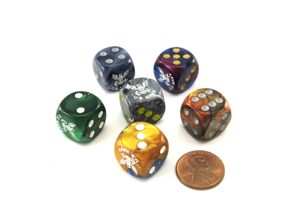 Pack of 6 Chessex Custom Engraved 16mm D6 Assorted Style Military Dice - Navy