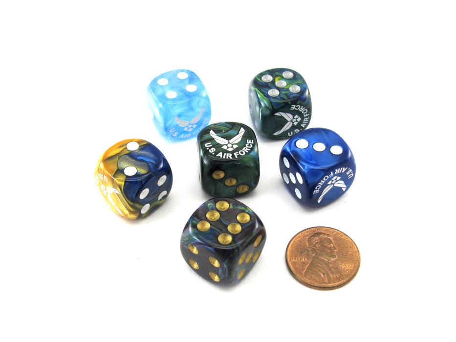 Pack of 6 Custom Engraved 16mm D6 Assorted Style Military Dice - Air Force