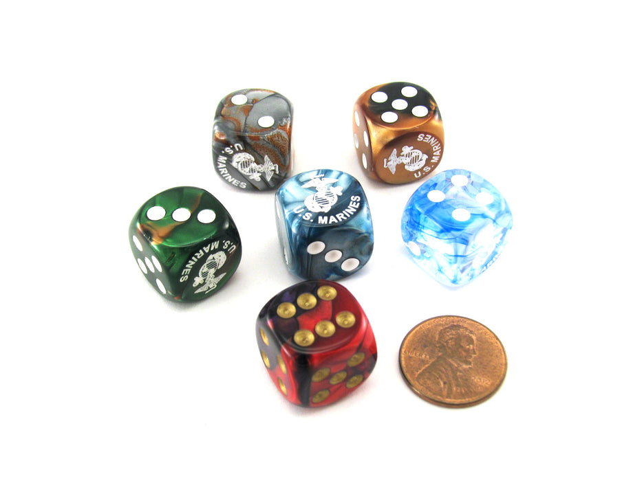 Pack of 6 Chessex Custom Engraved 16mm D6 Assorted Style Military Dice - Marines