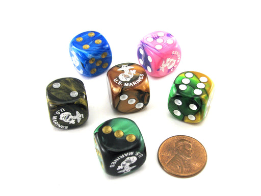 Pack of 6 Chessex Custom Engraved 16mm D6 Assorted Style Military Dice - Marines