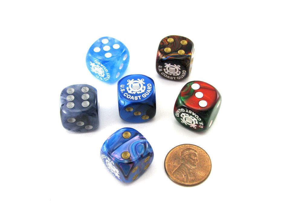 Pack of 6 Custom Engraved 16mm D6 Assorted Style Military Dice - Coast Guard