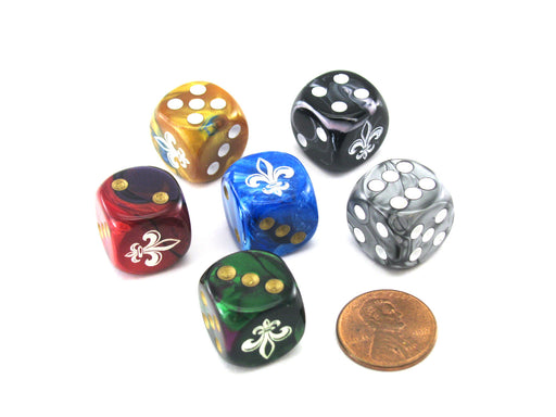 Pack of 6 Chessex Custom Engraved 16mm D6 Assorted Style Dice - Fleur-de-lis