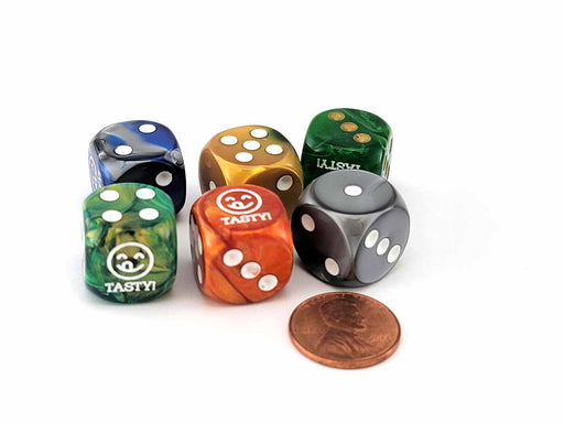 Pack of 6 Chessex Custom Engraved 16mm D6 Assorted Style Dice - Tasty! Face