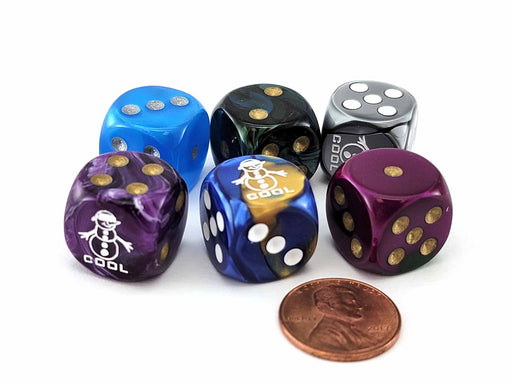 Pack of 6 Chessex Custom Engraved 16mm D6 Assorted Style Dice - Cool Snowman