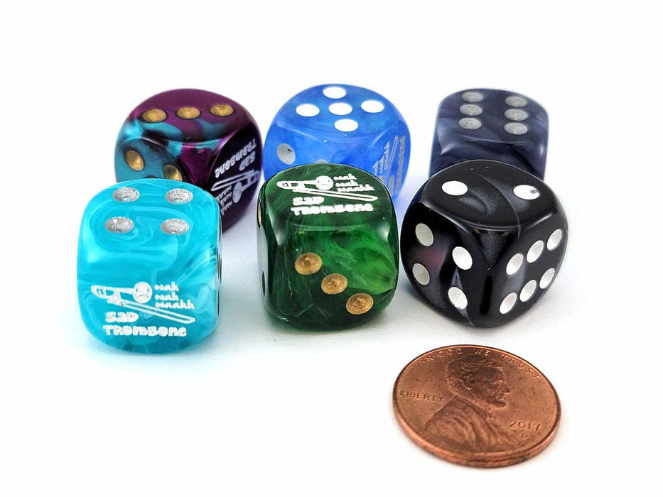 Pack of 6 Chessex Custom Engraved 16mm D6 Assorted Style Dice - Sad Trombone