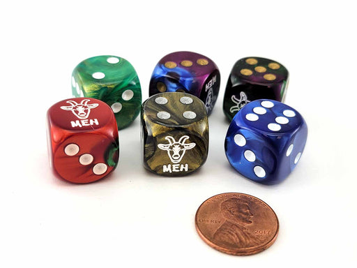 Pack of 6 Chessex Custom Engraved 16mm D6 Assorted Style Dice - Meh Goat