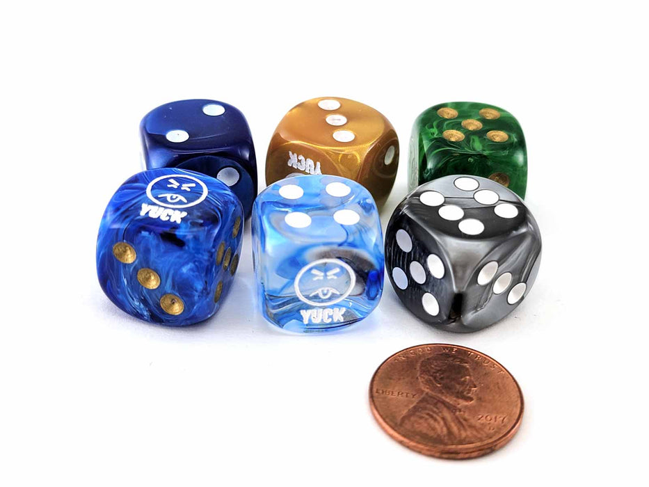 Pack of 6 Chessex Custom Engraved 16mm D6 Assorted Style Dice - Yuck Face