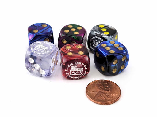 Pack of 6 Chessex Custom Engraved 16mm D6 Assorted Style Dice - Dumpster Fire