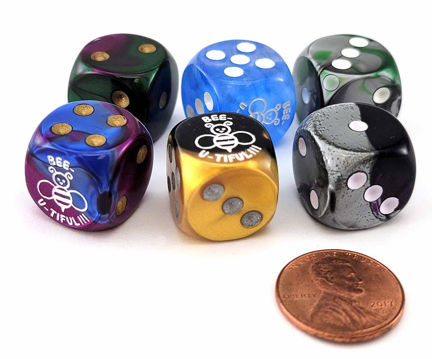 Pack of 6 Chessex Custom Engraved 16mm D6 Assorted Style Dice - Bee-u-tiful
