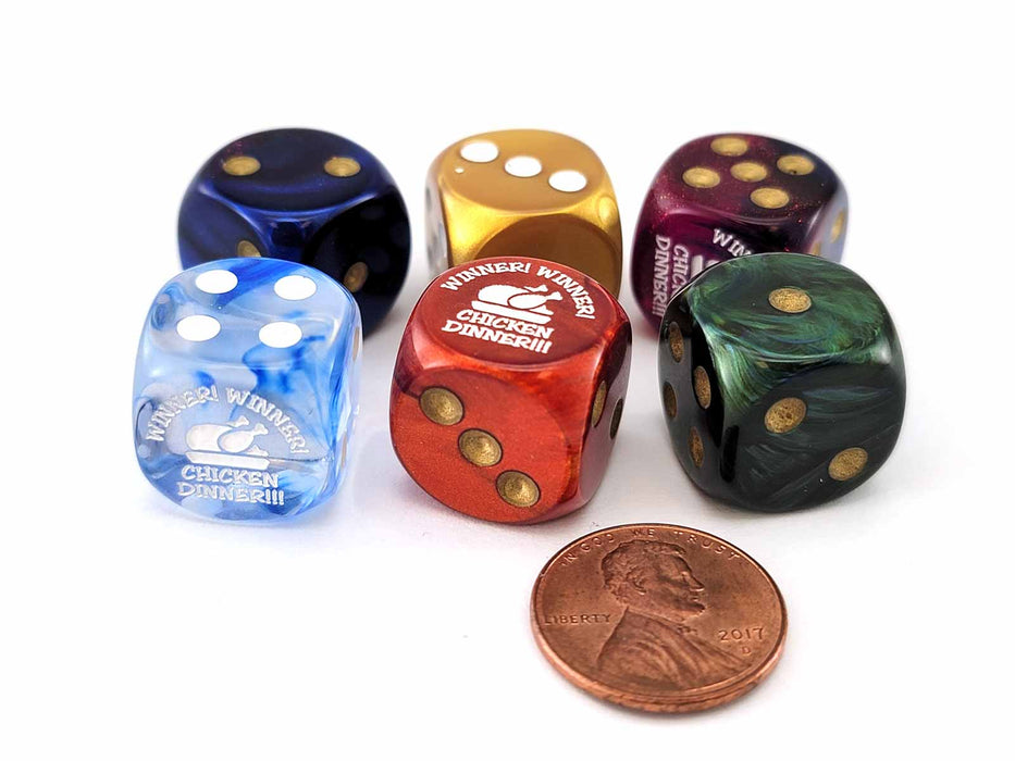 Pack of 6 Chessex Custom Engraved 16mm D6 Dice - Winner Winner Chicken Dinner
