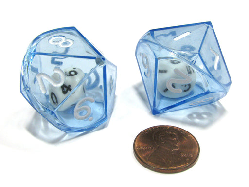 Set of 2 D10 26mm Double Dice, 2-In-1 Dice - White Inside Translucent Blue Die