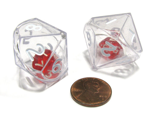 Set of 2 D10 26mm Double Dice, 2-In-1 Dice - Red Inside Clear Die