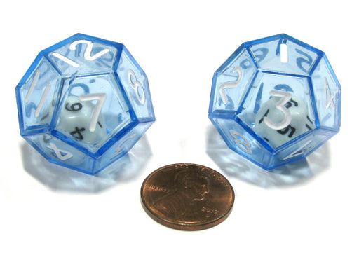 Set of 2 D12 25mm Double Dice, 2-In-1 Dice - White Inside Translucent Blue Die