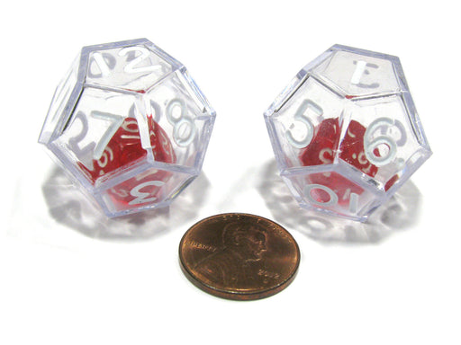 Set of 2 D12 25mm Double Dice, 2-In-1 Dice - Red Inside Clear Die