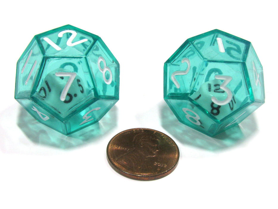 Set of 2 D12 25mm Double Dice, 2-In-1 Dice - White Inside Translucent Green Die