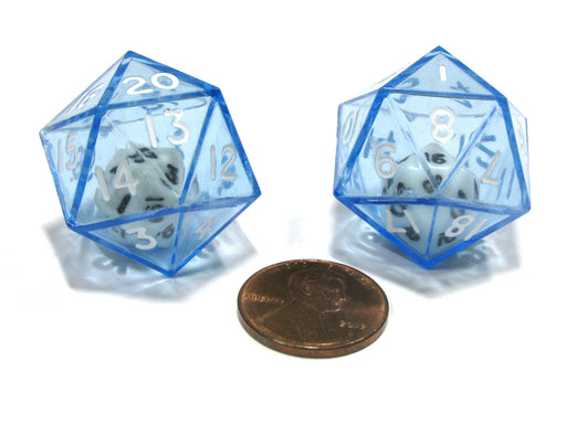 Set of 2 D20 24mm Double Dice, 2-In-1 Dice - White Inside Translucent Blue Die