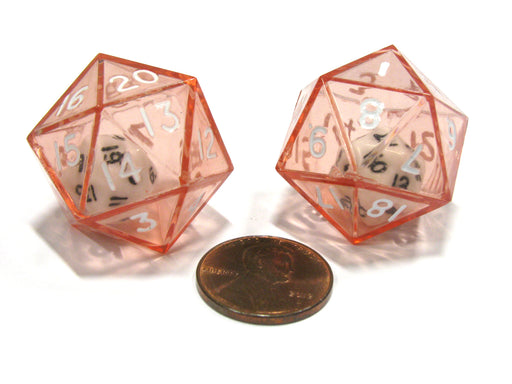 Set of 2 D20 24mm Double Dice, 2-In-1 Dice - White Inside Translucent Red Die