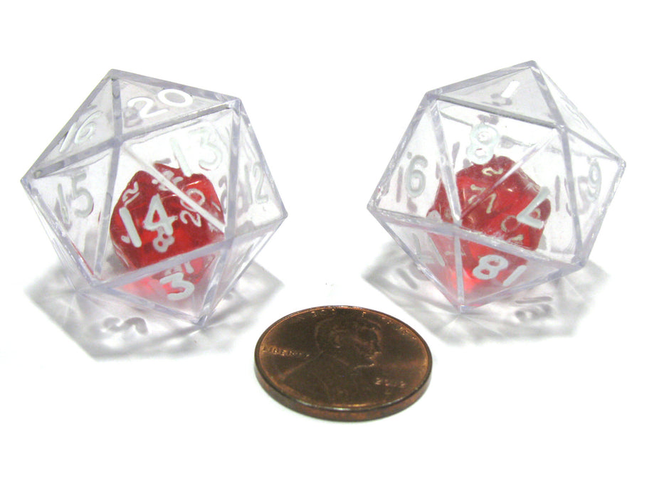Set of 2 D20 24mm Double Dice, 2-In-1 Dice - Red Inside Clear Die