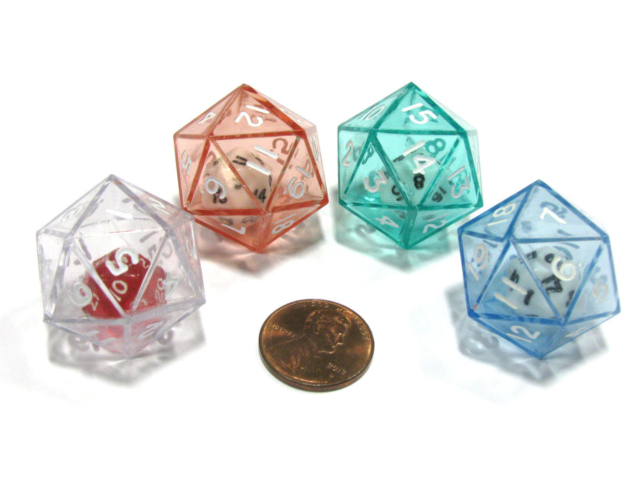 Set of 4 D20 24mm Double Dice, 2-In-1 Dice - 1 Each of Green Red Blue Clear