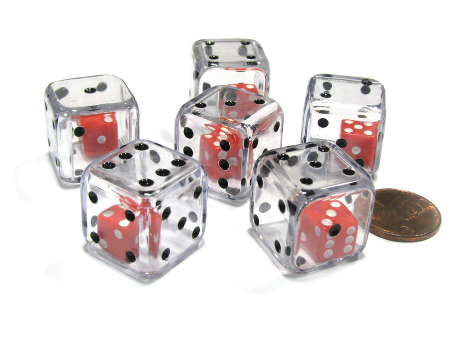 Set of 6 D6 19mm Double Dice, 2-In-1 Dice - Red Inside Clear Die