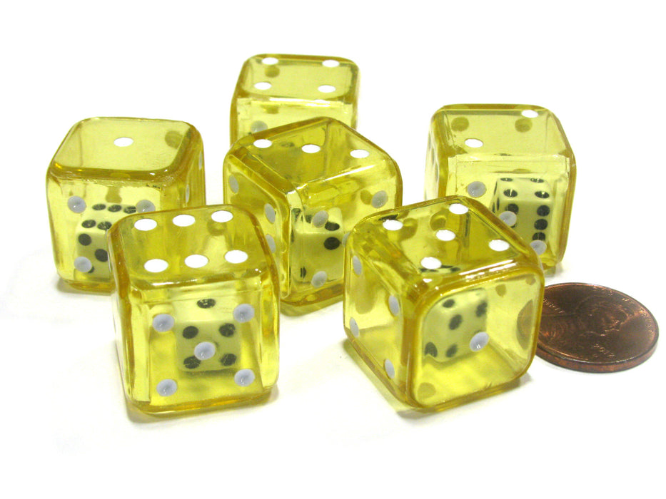 Set of 6 D6 19mm Double Dice, 2-In-1 Dice - White Inside Translucent Yellow Die