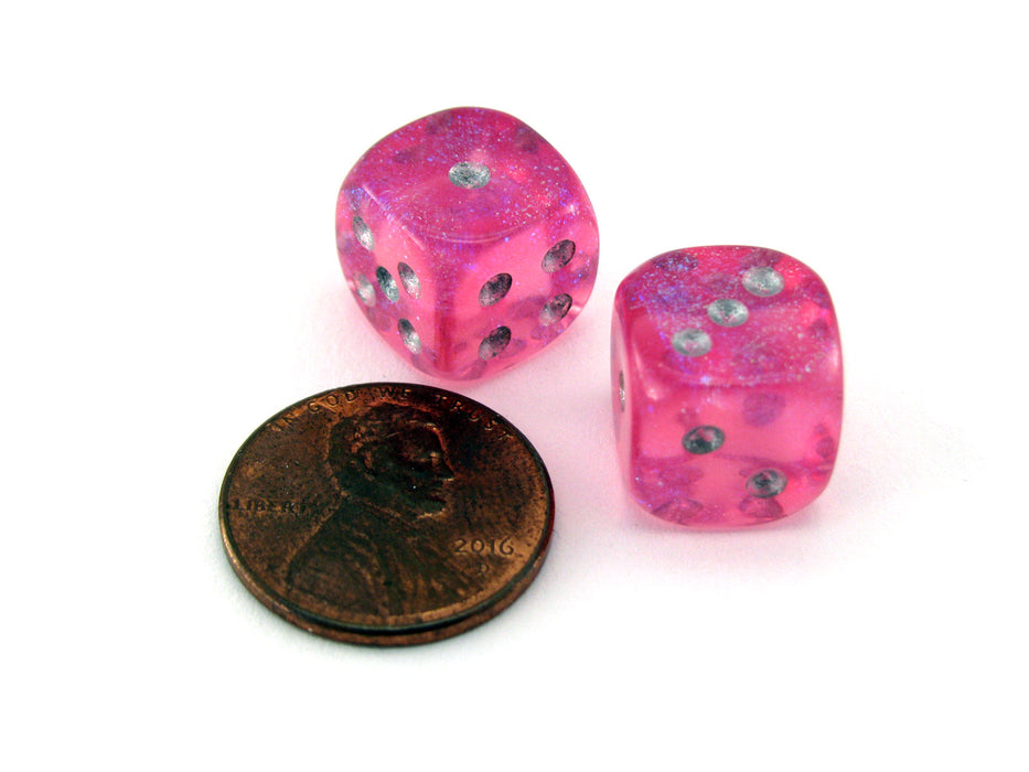 Borealis 'Old Style' 12mm Small D6 Chessex Dice, 2 Pieces- Pink with Silver Pips