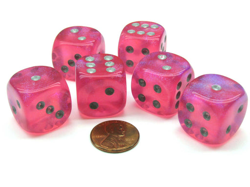 Borealis 20mm Big D6 Chessex Dice, 6 Pieces - Pink with Silver Pips