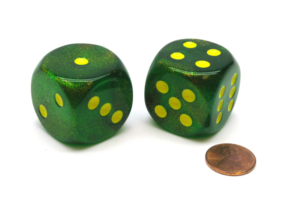 Borealis 30mm Large D6 Chessex Dice, 2 Pieces - Maple Green with Yellow Pips