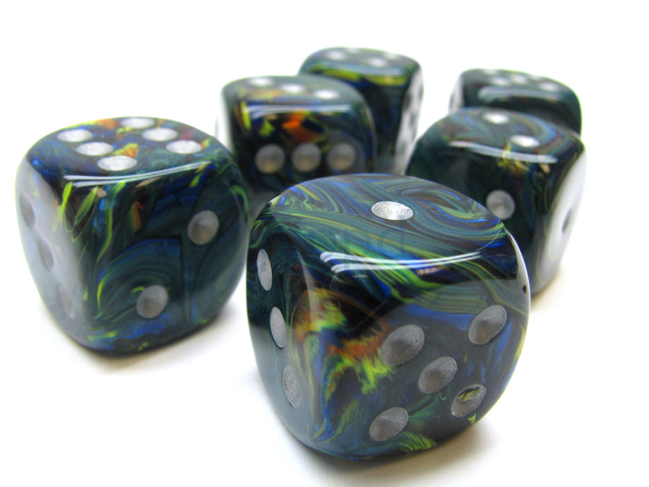 Festive 20mm Big D6 Chessex Dice, 6 Pieces - Green with Silver Pips