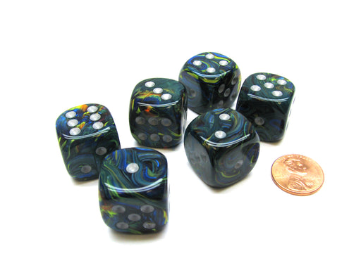 Festive 20mm Big D6 Chessex Dice, 6 Pieces - Green with Silver Pips
