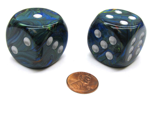 Festive 30mm Large D6 Chessex Dice, 2 Pieces - Green with Silver Pips