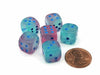 Luminary Gemini 12mm Small D6 Dice, 6 Pieces - Gel Green-Pink with Blue Numbers